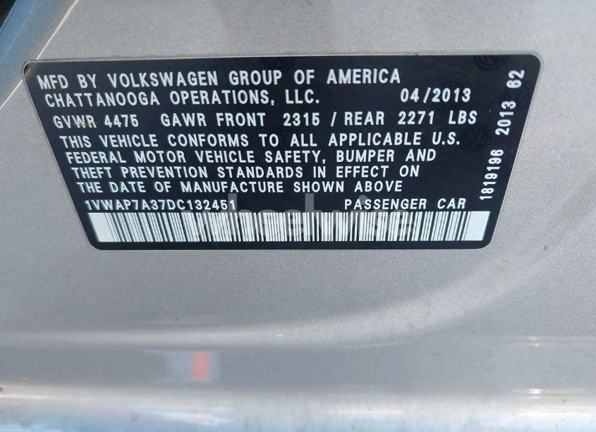Photo 9 of 2013 Volkswagen Passat 2.5L WOLFSBURG EDITION (VIN 1VWAP7A37DC132451)