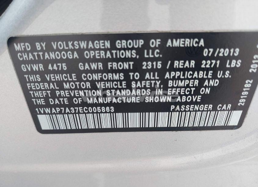 Photo 9 of 2014 Volkswagen Passat 2.5L S (VIN 1VWAP7A37EC005863)