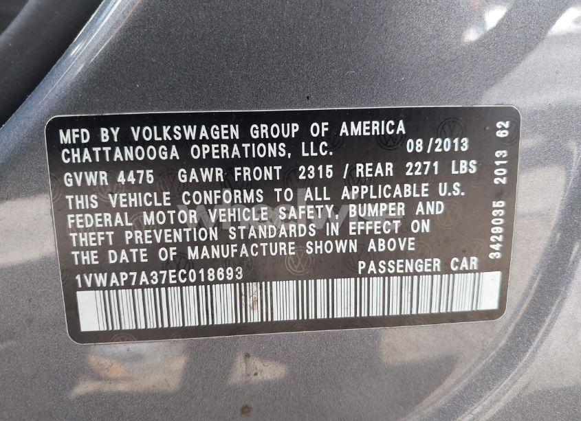 Photo 9 of 2014 Volkswagen Passat 2.5L S (VIN 1VWAP7A37EC018693)