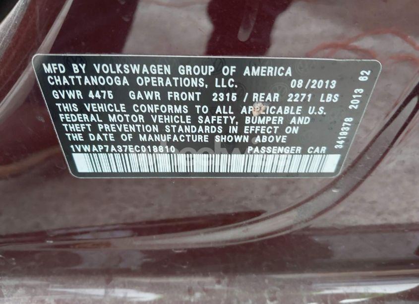 Photo 9 of 2014 Volkswagen Passat 2.5L S (VIN 1VWAP7A37EC018810)