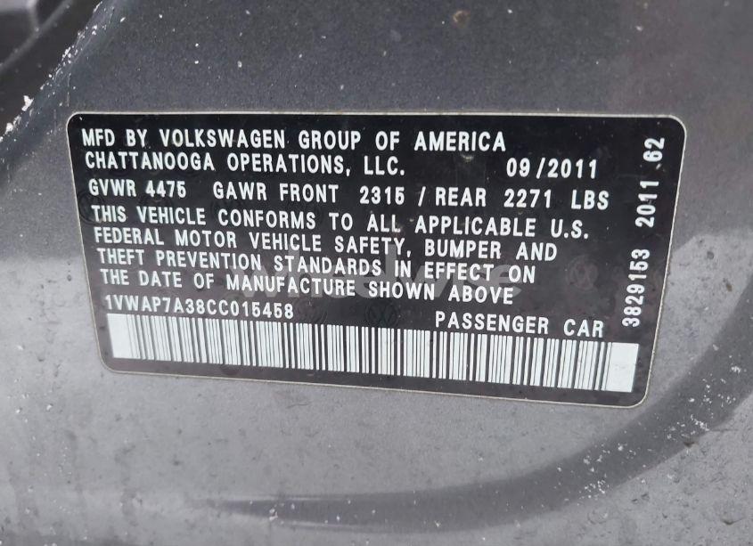 Photo 9 of 2012 Volkswagen Passat 2.5L S (VIN 1VWAP7A38CC015458)