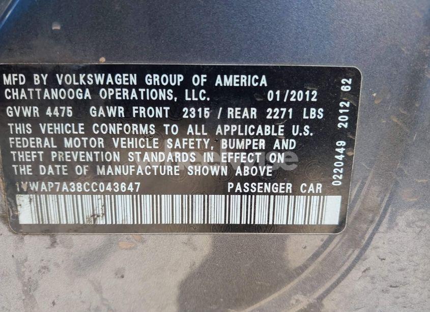 Photo 9 of 2012 Volkswagen Passat 2.5L S (VIN 1VWAP7A38CC043647)