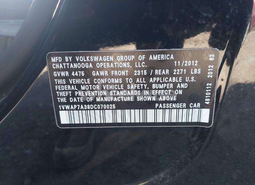 Photo 9 of 2013 Volkswagen Passat 2.5L S (VIN 1VWAP7A38DC070025)