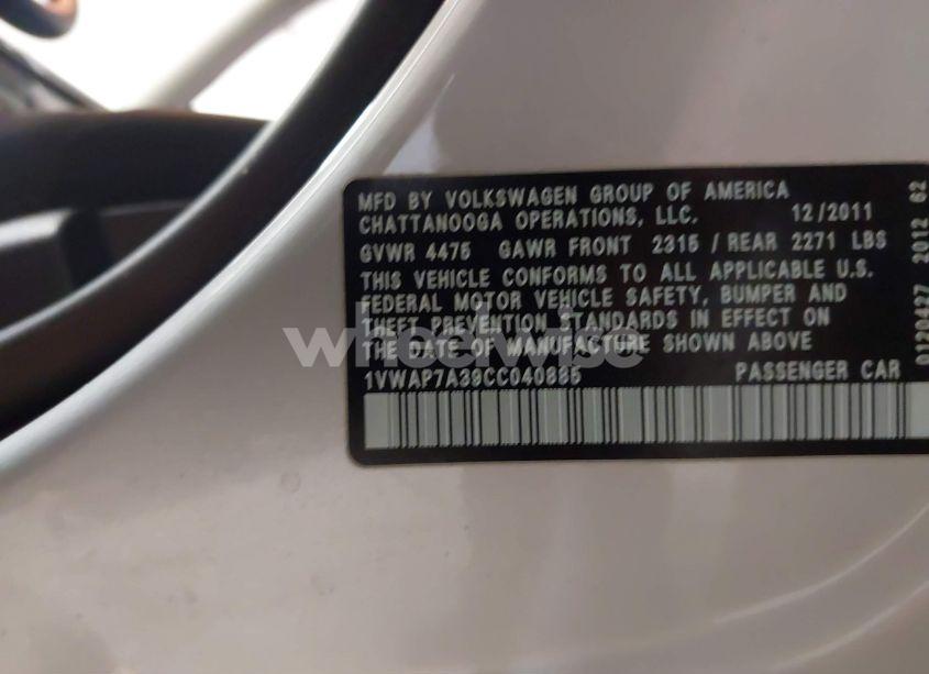 Photo 9 of 2012 Volkswagen Passat 2.5L S (VIN 1VWAP7A39CC040885)