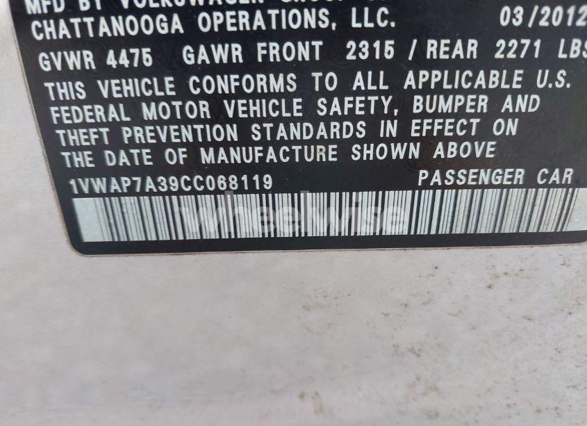 Photo 9 of 2012 Volkswagen Passat 2.5L S (VIN 1VWAP7A39CC068119)
