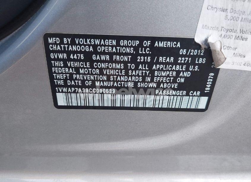 Photo 9 of 2012 Volkswagen Passat 2.5L S (VIN 1VWAP7A39CC090539)