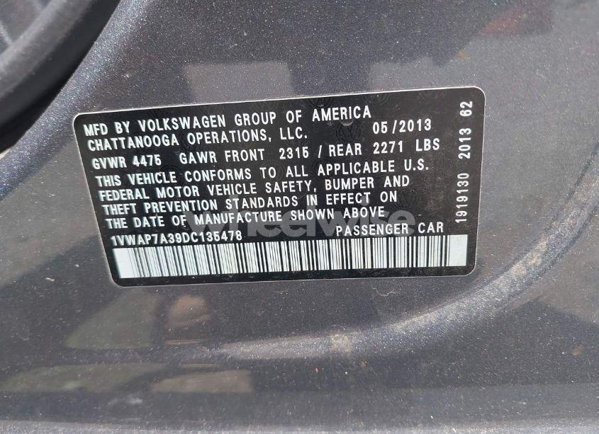 Photo 9 of 2013 Volkswagen Passat 2.5L S (VIN 1VWAP7A39DC135478)