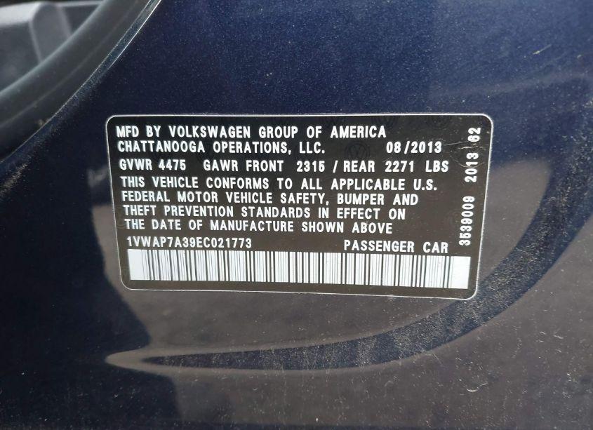 Photo 9 of 2014 Volkswagen Passat 2.5L S (VIN 1VWAP7A39EC021773)