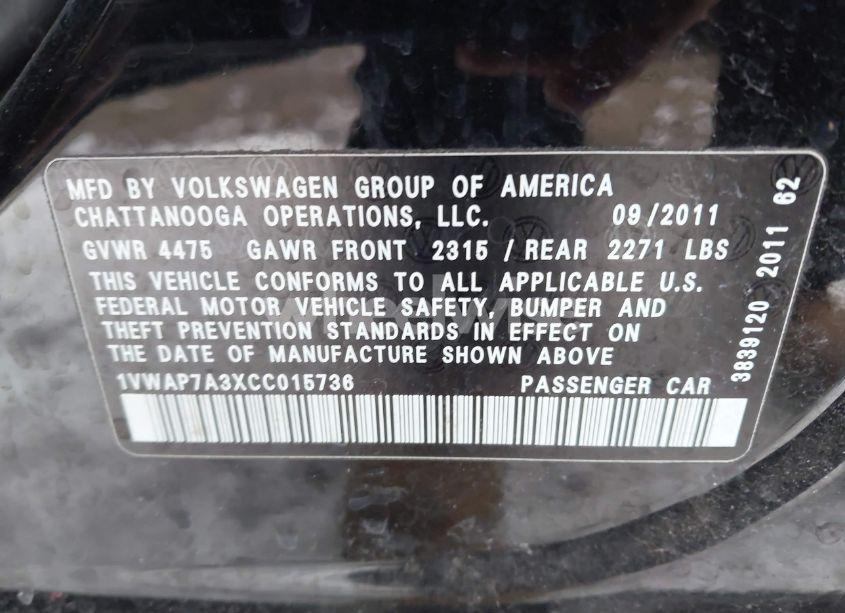 Photo 9 of 2012 Volkswagen Passat 2.5L S (VIN 1VWAP7A3XCC015736)