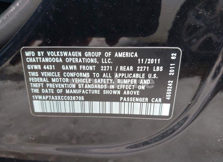 Photo 9 of 2012 Volkswagen Passat 2.5L S (VIN 1VWAP7A3XCC026705)