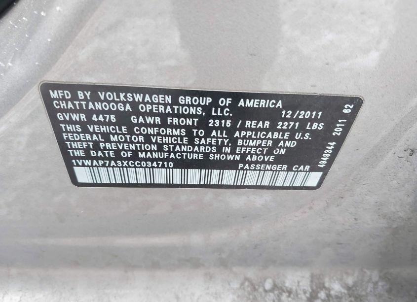Photo 9 of 2012 Volkswagen Passat 2.5L S (VIN 1VWAP7A3XCC034710)