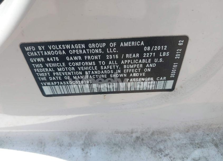 Photo 9 of 2013 Volkswagen Passat 2.5L S (VIN 1VWAP7A3XDC028293)