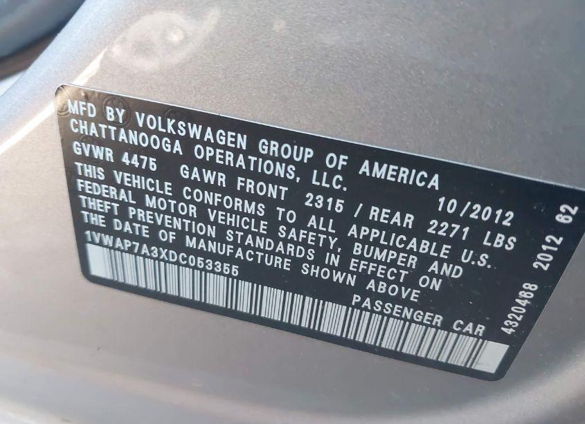 Photo 9 of 2013 Volkswagen Passat 2.5L S (VIN 1VWAP7A3XDC053355)