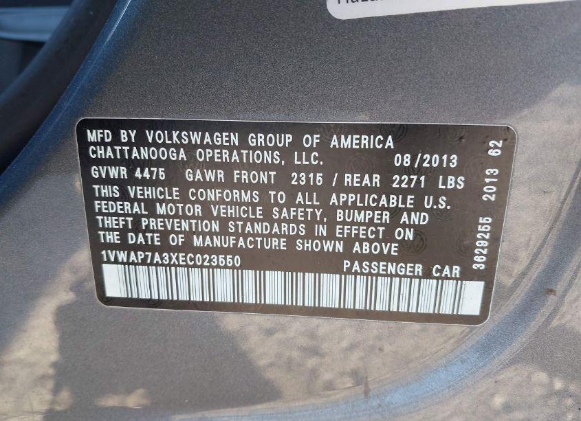 Photo 9 of 2014 Volkswagen Passat 2.5L S (VIN 1VWAP7A3XEC023550)