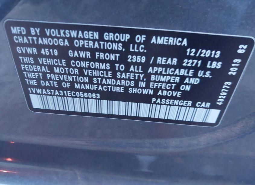 Photo 9 of 2014 Volkswagen Passat 1.8T S (VIN 1VWAS7A31EC056063)