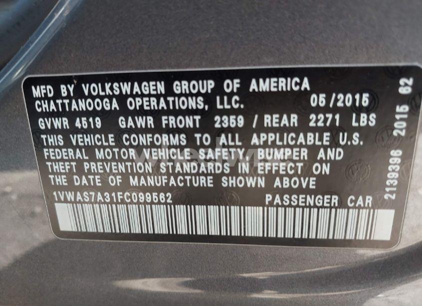 Photo 9 of 2015 Volkswagen Passat 1.8T LIMITED EDITION (VIN 1VWAS7A31FC099562)