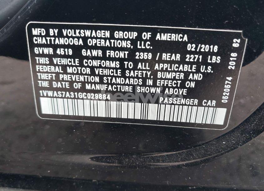 Photo 9 of 2016 Volkswagen Passat 1.8T S (VIN 1VWAS7A31GC029884)