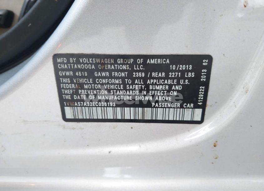 Photo 9 of 2014 Volkswagen Passat 1.8T WOLFSBURG EDITION (VIN 1VWAS7A32EC036193)