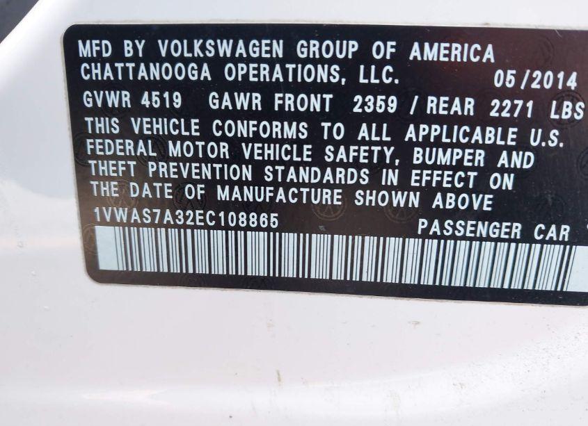Photo 9 of 2014 Volkswagen Passat 1.8T S (VIN 1VWAS7A32EC108865)
