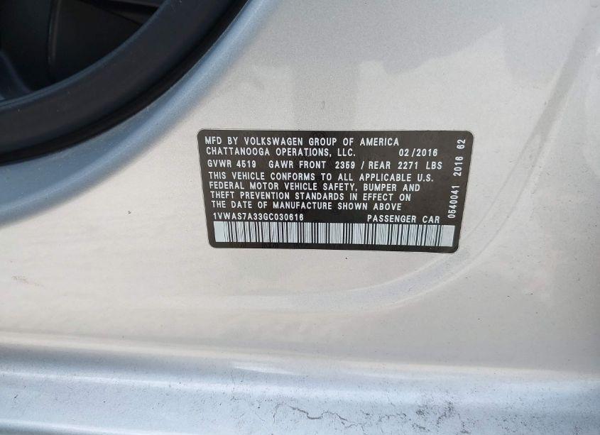 Photo 9 of 2016 Volkswagen Passat 1.8T S (VIN 1VWAS7A33GC030616)