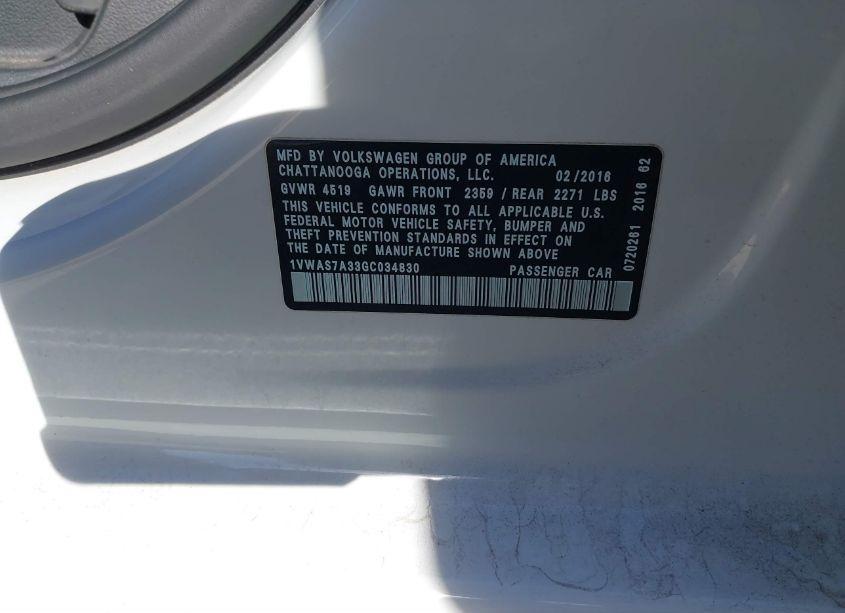 Photo 9 of 2016 Volkswagen Passat 1.8T S (VIN 1VWAS7A33GC034830)