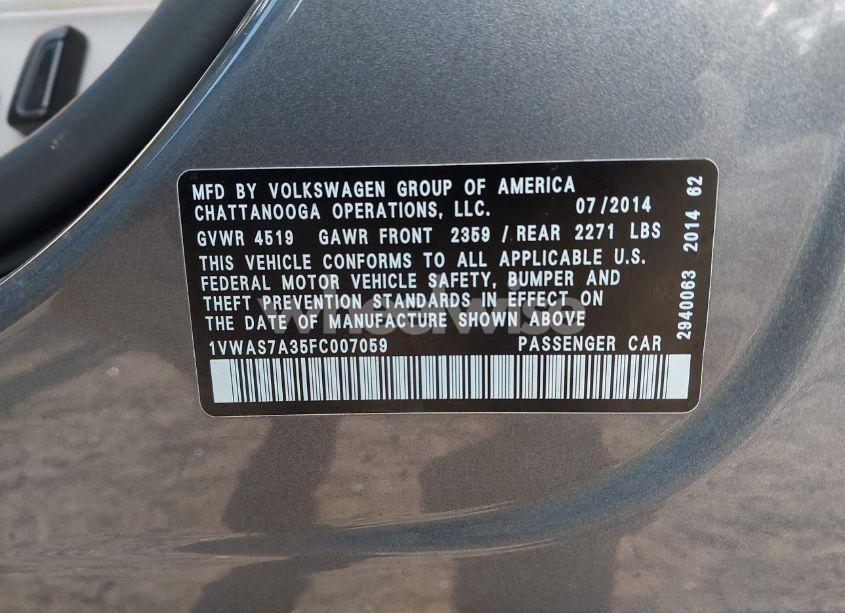 Photo 9 of 2015 Volkswagen Passat 1.8T WOLFSBURG EDITION (VIN 1VWAS7A35FC007059)