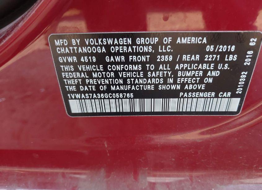 Photo 9 of 2016 Volkswagen Passat 1.8T R-LINE (VIN 1VWAS7A36GC058765)