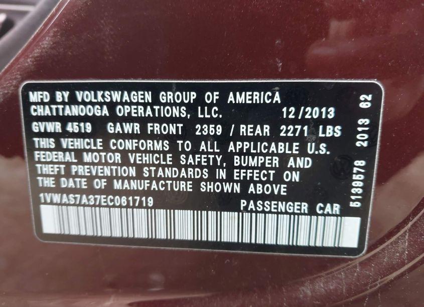 Photo 9 of 2014 Volkswagen Passat 1.8T WOLFSBURG EDITION (VIN 1VWAS7A37EC061719)