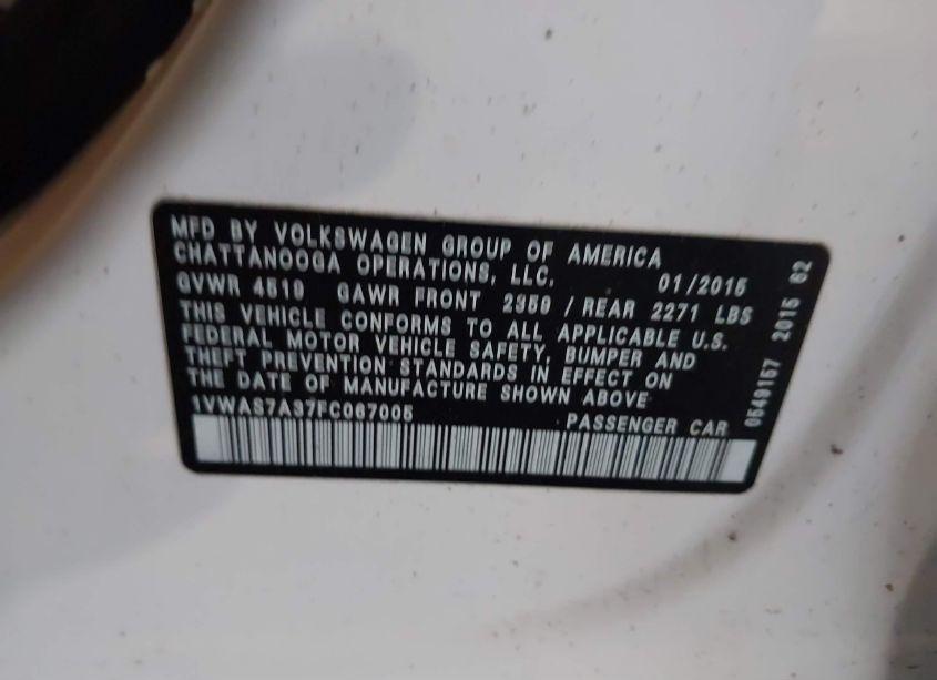 Photo 9 of 2015 Volkswagen Passat 1.8T WOLFSBURG EDITION (VIN 1VWAS7A37FC067005)