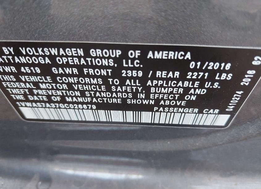 Photo 9 of 2016 Volkswagen Passat 1.8T S (VIN 1VWAS7A37GC026679)
