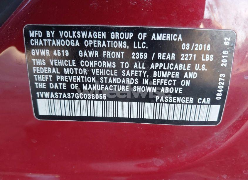 Photo 9 of 2016 Volkswagen Passat 1.8T S (VIN 1VWAS7A37GC038055)