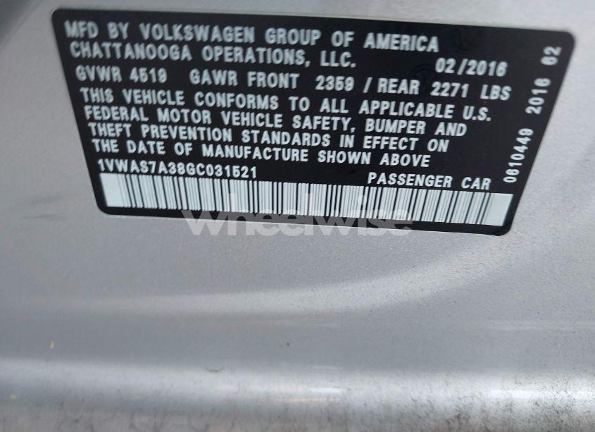 Photo 9 of 2016 Volkswagen Passat 1.8T S (VIN 1VWAS7A38GC031521)