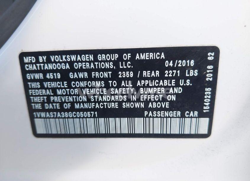 Photo 9 of 2016 Volkswagen Passat 1.8T S (VIN 1VWAS7A38GC050571)