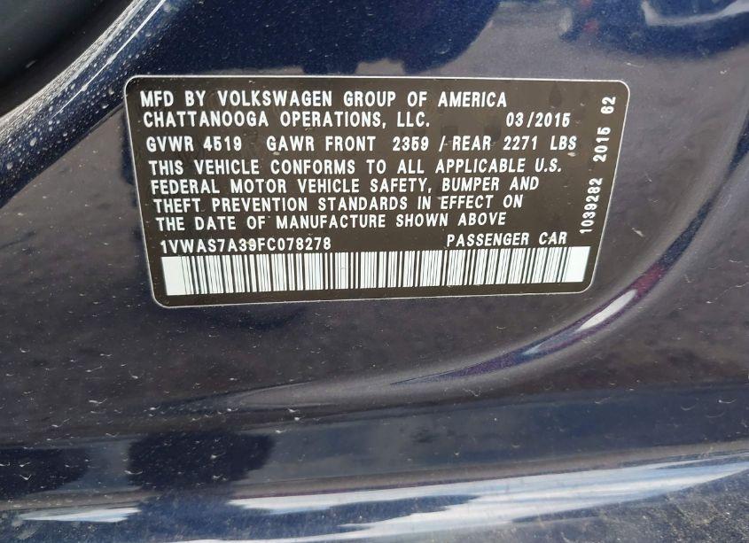 Photo 9 of 2015 Volkswagen Passat 1.8T LIMITED EDITION (VIN 1VWAS7A39FC078278)
