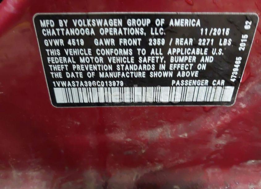 Photo 9 of 2016 Volkswagen Passat 1.8T S (VIN 1VWAS7A39GC013979)
