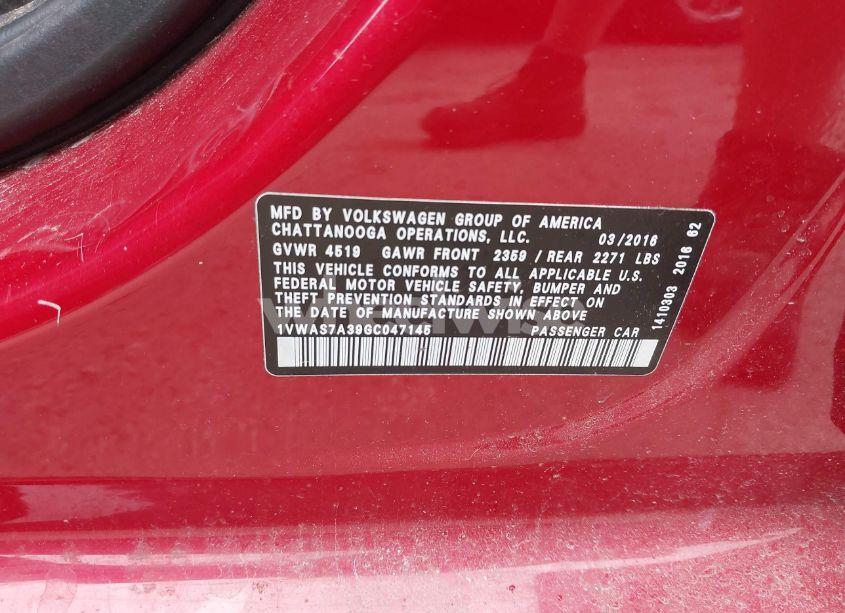 Photo 9 of 2016 Volkswagen Passat 1.8T S (VIN 1VWAS7A39GC047145)