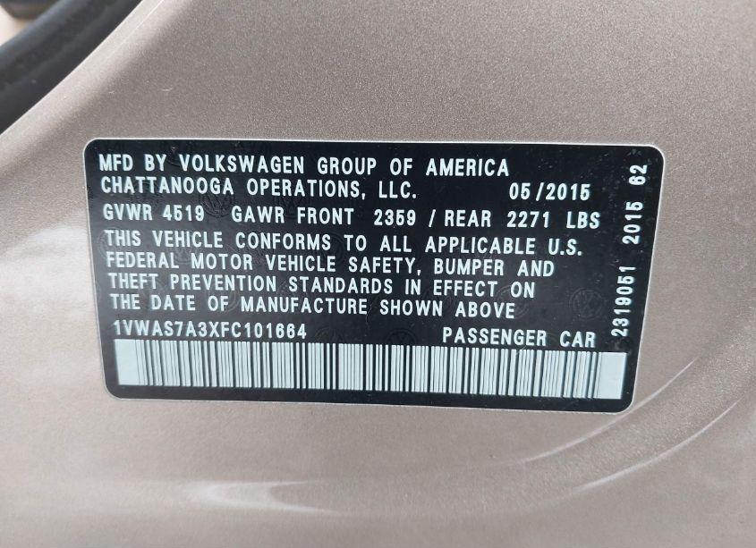 Photo 9 of 2015 Volkswagen Passat 1.8T LIMITED EDITION (VIN 1VWAS7A3XFC101664)