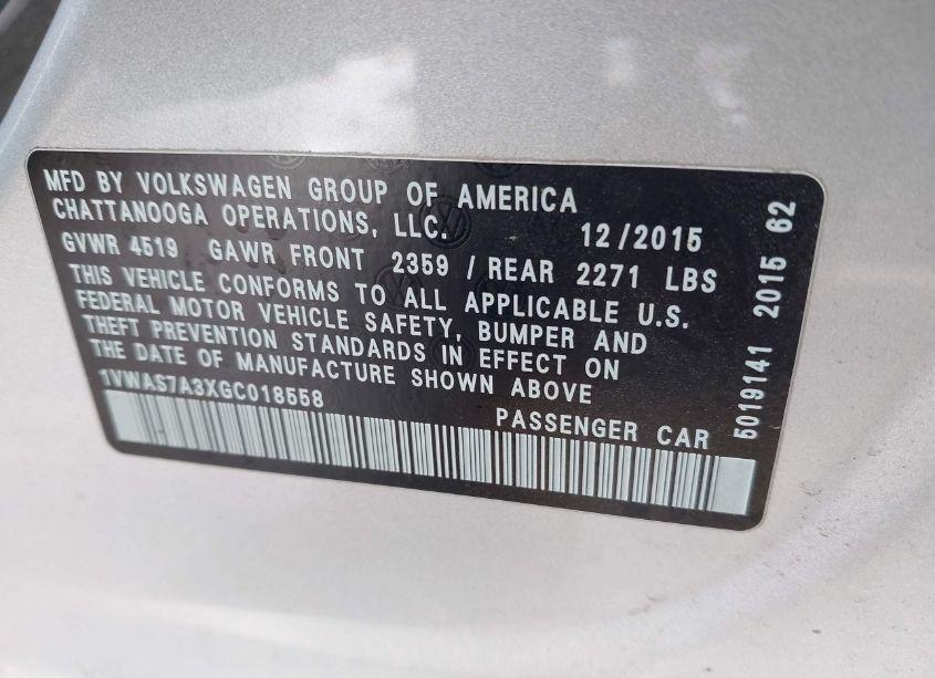 Photo 9 of 2016 Volkswagen Passat 1.8T S (VIN 1VWAS7A3XGC018558)