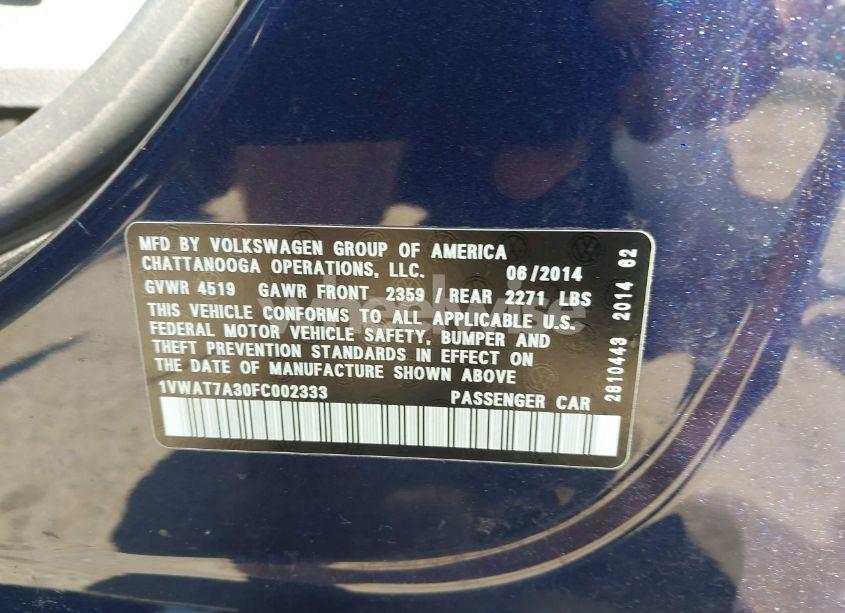 Photo 9 of 2015 Volkswagen Passat 1.8T WOLFSBURG EDITION (VIN 1VWAT7A30FC002333)