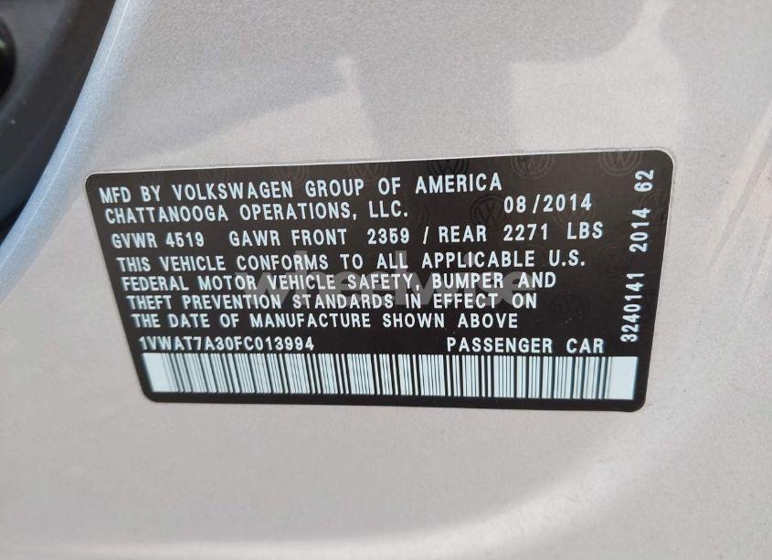 Photo 9 of 2015 Volkswagen Passat 1.8T WOLFSBURG EDITION (VIN 1VWAT7A30FC013994)