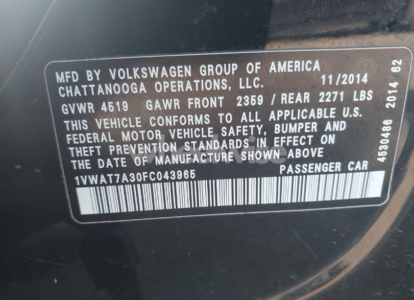Photo 9 of 2015 Volkswagen Passat 1.8T WOLFSBURG EDITION (VIN 1VWAT7A30FC043965)
