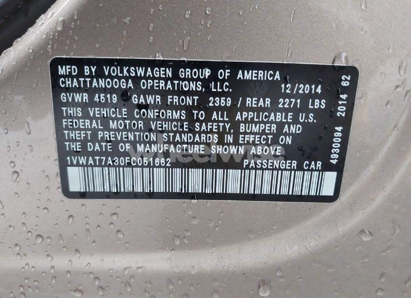 Photo 9 of 2015 Volkswagen Passat 1.8T WOLFSBURG EDITION (VIN 1VWAT7A30FC051662)