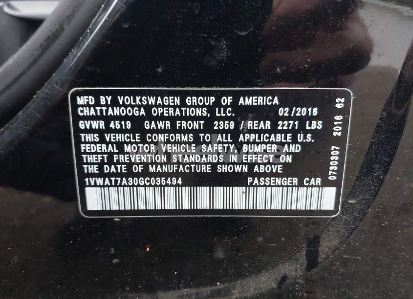Photo 9 of 2016 Volkswagen Passat 1.8T S (VIN 1VWAT7A30GC035494)
