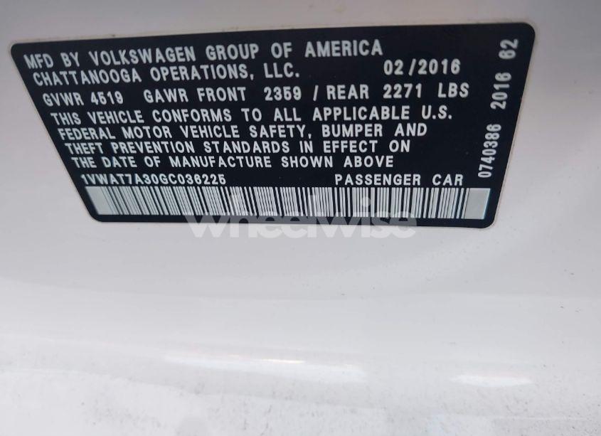Photo 9 of 2016 Volkswagen Passat 1.8T S (VIN 1VWAT7A30GC036225)