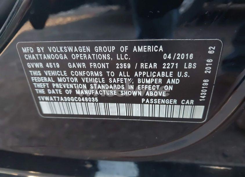 Photo 9 of 2016 Volkswagen Passat 1.8T S (VIN 1VWAT7A30GC048035)