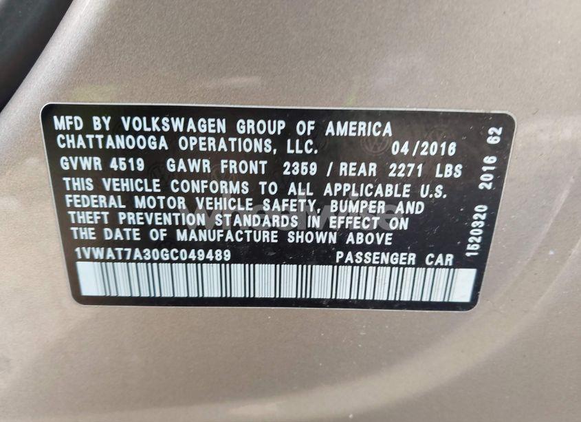 Photo 9 of 2016 Volkswagen Passat 1.8T S (VIN 1VWAT7A30GC049489)