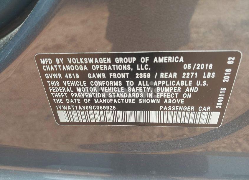 Photo 9 of 2016 Volkswagen Passat 1.8T S (VIN 1VWAT7A30GC059925)