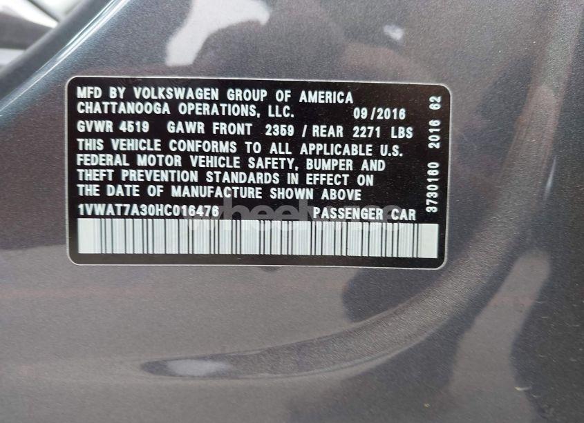 Photo 9 of 2017 Volkswagen Passat 1.8T S (VIN 1VWAT7A30HC016476)