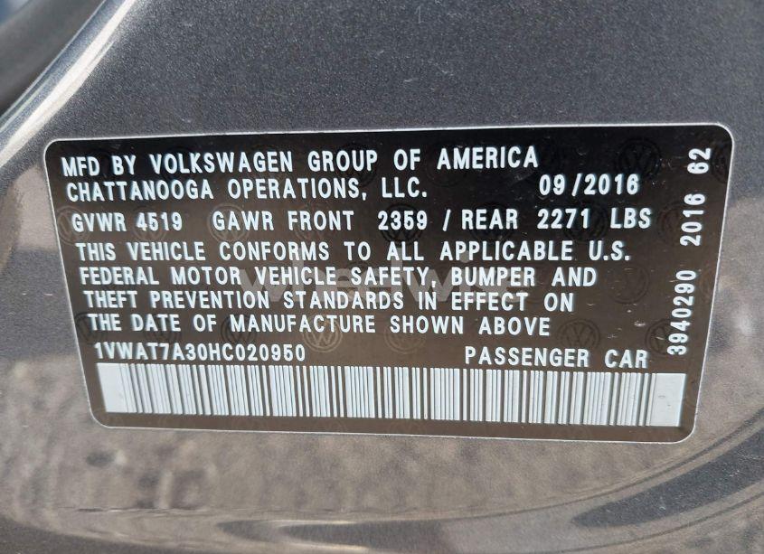 Photo 9 of 2017 Volkswagen Passat 1.8T S (VIN 1VWAT7A30HC020950)