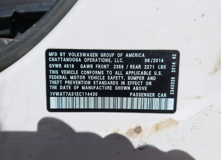 Photo 9 of 2014 Volkswagen Passat 1.8T S (VIN 1VWAT7A31EC114430)
